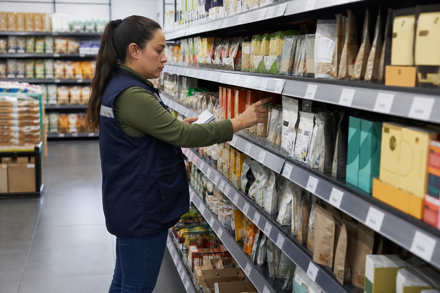Una responsable revisa disponibilidad y acomodo de productos en un anaquel de autoservicio.