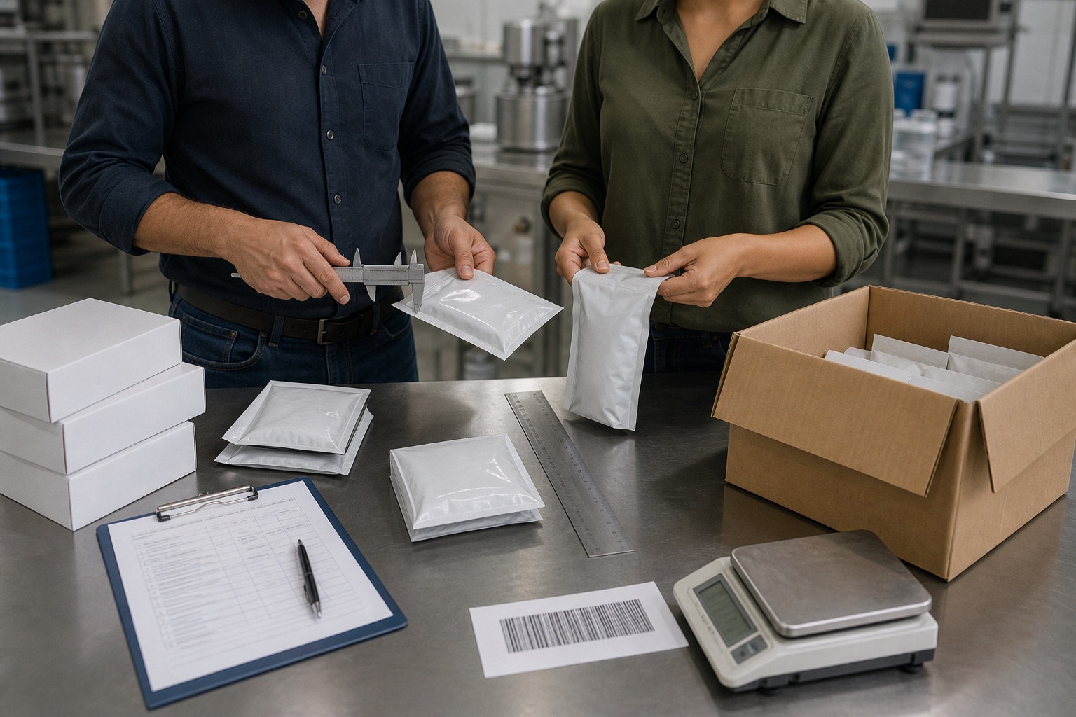 Dos personas comprueban medidas, empaque y código de barras de productos antes de su distribución.