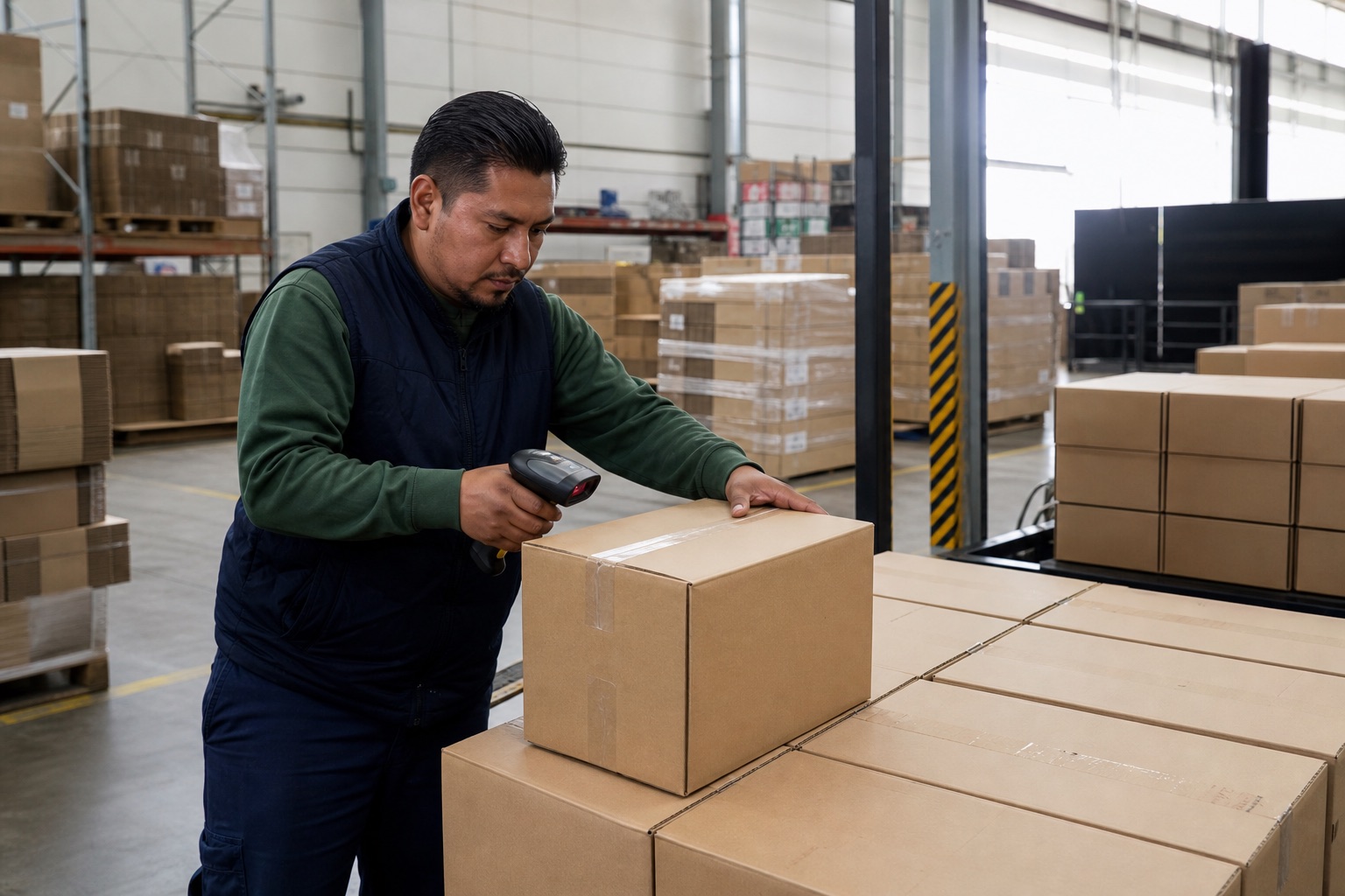 Una persona registra cajas en un centro de distribución para controlar inventario y despacho.