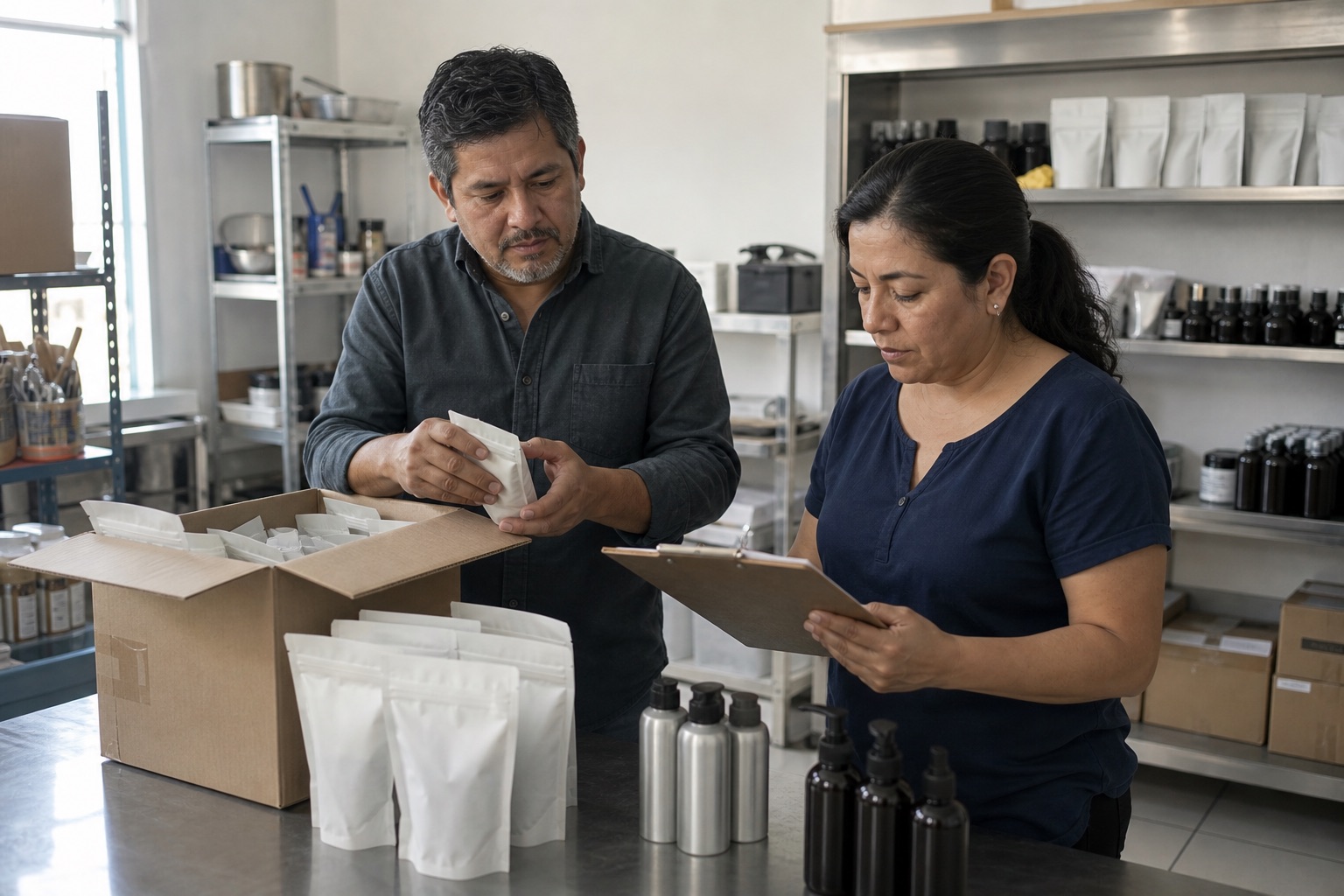 Dos responsables de una pequeña planta revisan capacidad, empaque e inventario de una marca.