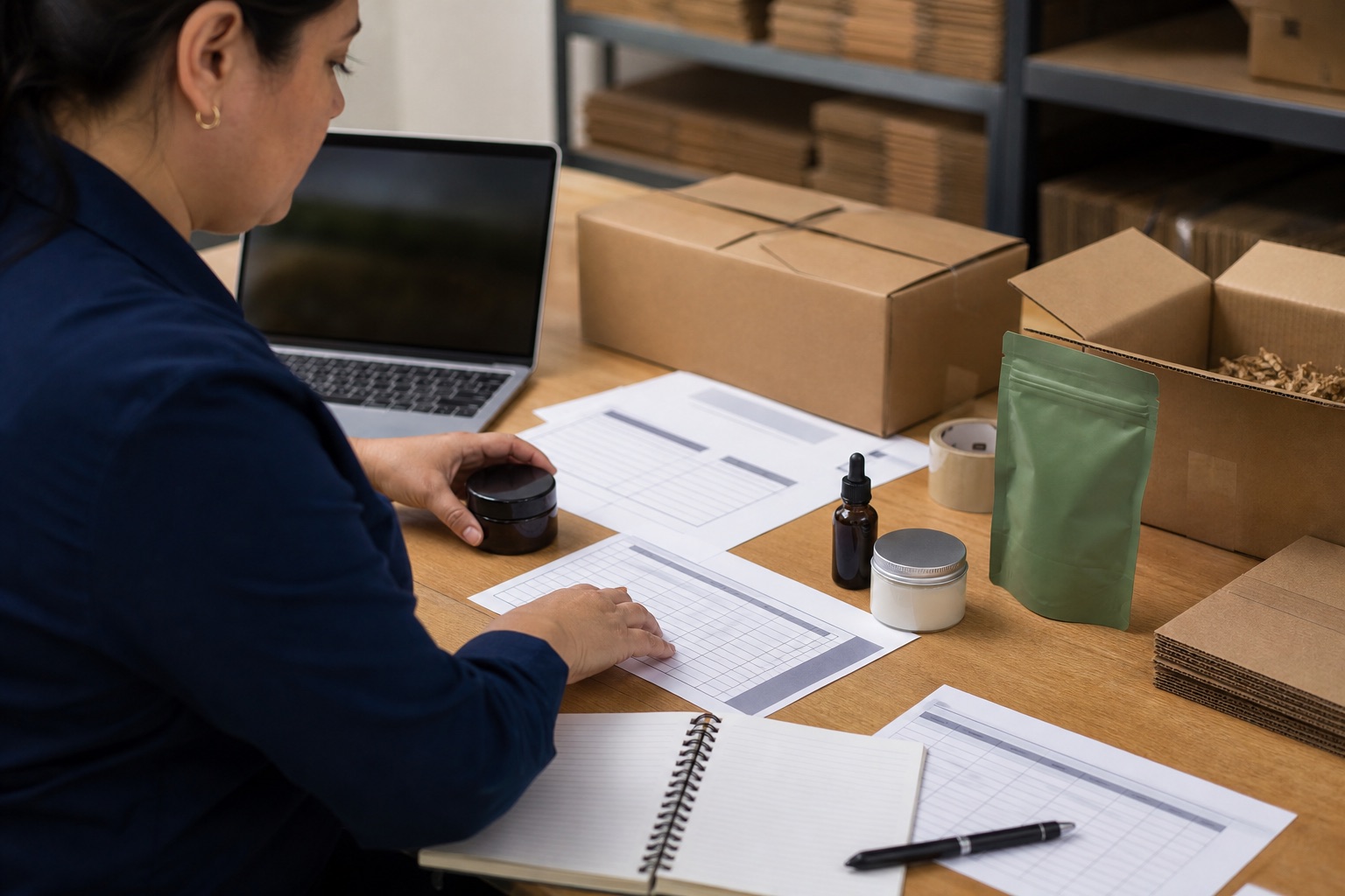 Una responsable de marca organiza muestras y documentación antes de solicitar una evaluación.